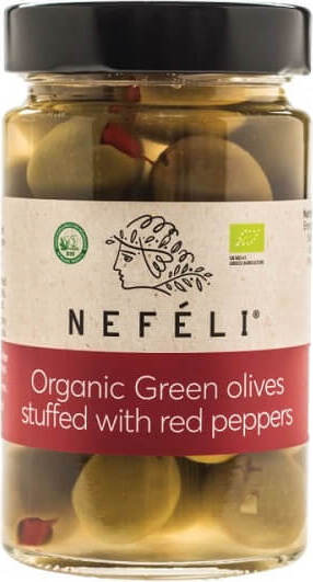 Gefüllte grüne Oliven mit Paprika in eingelegter BIO, 300 g, NEFELI, in einem Glas.