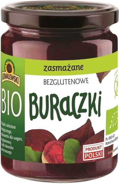 Glutenfreie, frittierte Rote Bete aus biologischem Anbau in 480 g Verpackung von KOWALEWSKI, auf einem weißen Teller serviert.