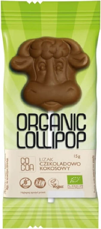 Glutenfreier Schokoladen- und Kokosnuss-Lollipop BIO von COCOA, 15 g, detailreiche Nahaufnahme des Bonbons.