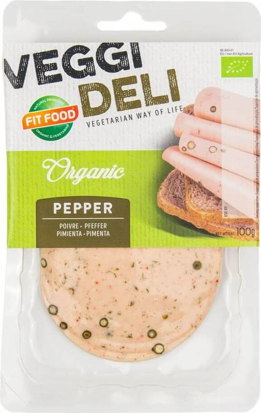 Vegetarischer Bio Aufschnitt mit Paprikastreifen von VEGGI DELI, 100 g, veganer Aufschnitt auf einem Teller sichtbar