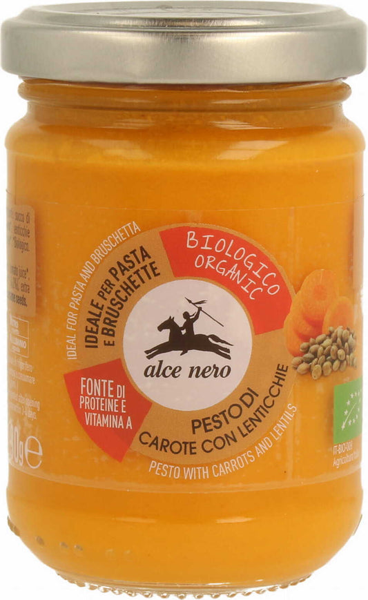 Bio Karotten-Linsen-Pesto von ALCE NERO in 130 g Glas, cremige Pesto mit Karotten und Linsen, ideal für Pasta und Brot.