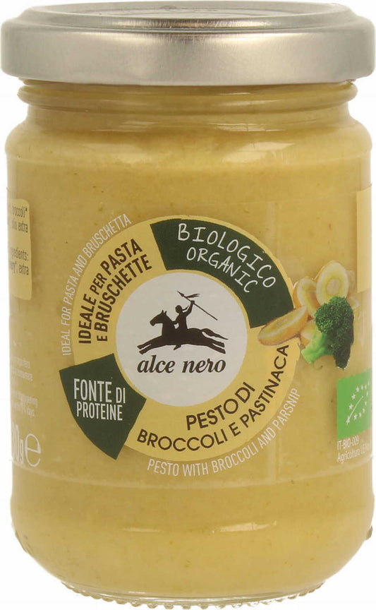 Biologisches Brokkoli-Pastinaken-Pesto von ALCE NERO in 130 g Glas, cremige grüne Pesto mit Brokkoli und Pastinaken.