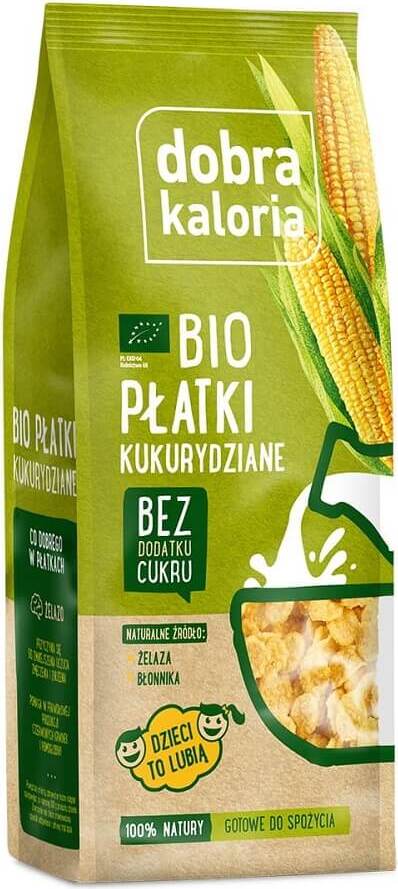 Bio Cornflakes von DOBRA KALORIA in 200 g Packung, knusprige Frühstückscornflakes in einer weißen Schüssel