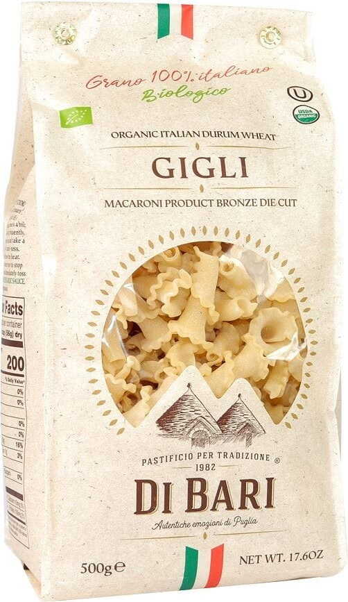 Bio Giga Grießnudeln von PASTIFICIO DI BARI, 500 g, trockene Pasta aus Hartweizengrieß, sichtbar in der Verpackung