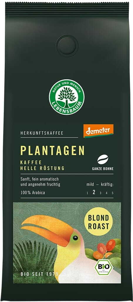 Helle, bio Arabica-Kaffeebohnen von LEBENSBAUM, geröstet, 250 g, sichtbare Bohnen in einer Verpackung.