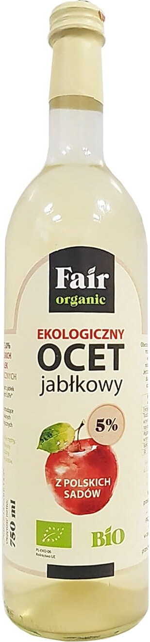 Naturtrüber Bio-Apfelessig von FAIR ORGANIC in 750 ml Flasche, zeigt die klare Flüssigkeit und natürliche Textur.
