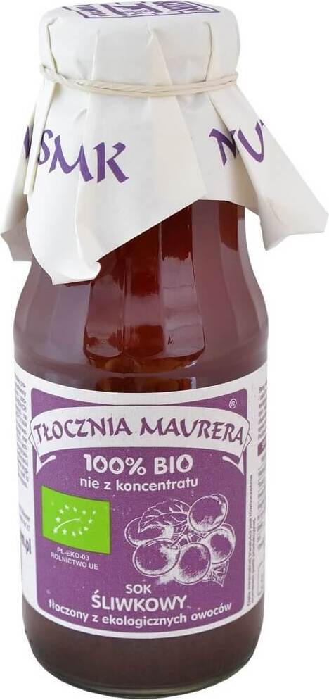 Bio-Pflaumensaft von Maurer Press in 300 ml Flasche, naturtrüb und frisch, hergestellt aus reifen Bio-Pflaumen.
