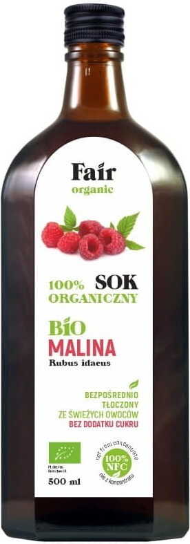 Himbeersaft NFC BIO von FAIR ORGANIC, 500 ml Flasche, frischer roter Himbeersaft in Glasflasche auf weißem Hintergrund
