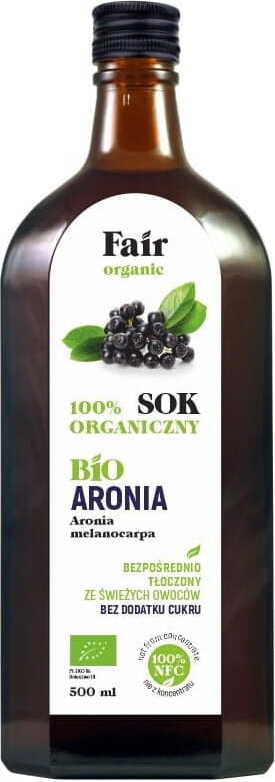 Bio Aroniensaft NFC von FAIR ORGANIC in 500 ml Flasche, dunkle Flüssigkeit in Glasflasche, naturbelassener Aroniabeerensaft
