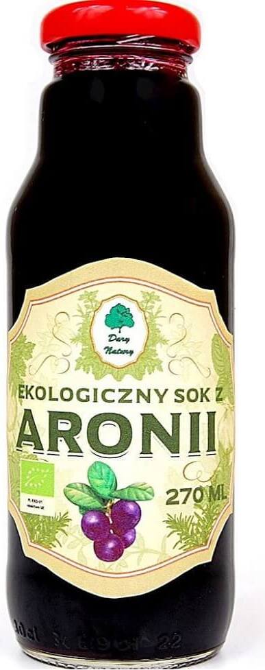 Bio Aroniensaft von DARY NATURY in 270 ml Flasche, dunkle Flüssigkeit mit frischem Aroniabeeren-Charakter.