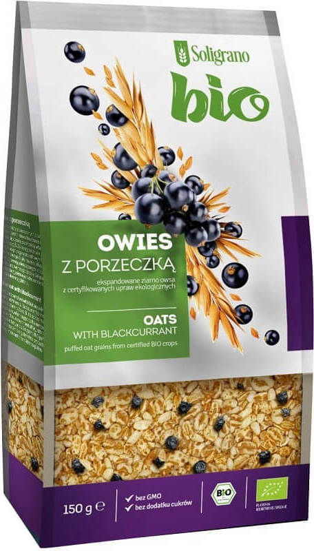 Bio Haferflocken mit schwarzen Johannisbeeren von SOLIGRANO, 150 g, in einer offenen Verpackung.
