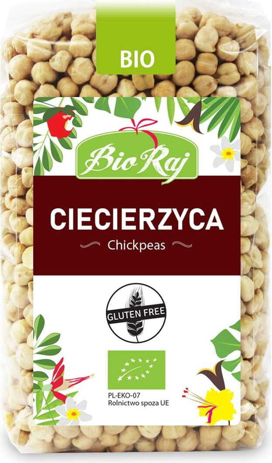 Bio glutenfreie Kichererbsen in 500 g Verpackung von BIO RAJ, frisch und naturbelassen, auf weißem Hintergrund.
