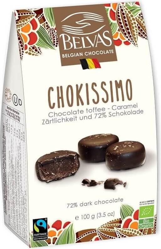 Belgische glutenfreie Toffee- und Karamellschokolade von BELVAS, fair gehandelt, BIO, 100 g, zeigt Stücke mit Toffee- und Karamellfüllung