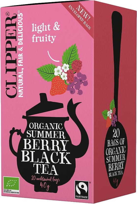 Schwarzer Tee mit schwarzen Johannisbeeren, Himbeeren und Erdbeeren, fair gehandelt, BIO, in Packung mit 20 Beuteln von CLIPPER