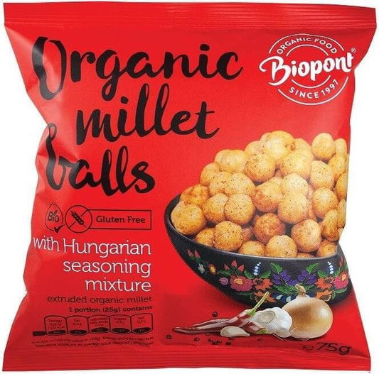 Hirsechips mit ungarischem Gewürz, glutenfrei, bio, 75 g, BIOPONT, knusprige Chips mit Gewürzverzierungen