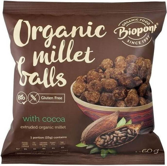 Glutenfreie Hirse-Kakao-Chips von BIOPONT in 60 g Verpackung, Bio-Qualität, mit Kakaostückchen und Hirse in einer Schüssel