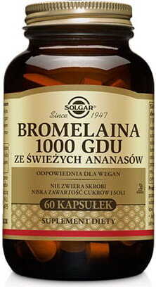 Bromelain 1000 MG Kapseln von SOLGAR, aus frischer Ananas, zeigt die Verpackung mit 60 Kapseln auf weißem Hintergrund.