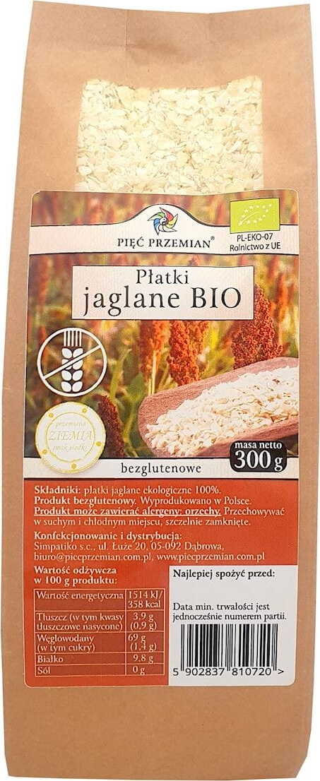 Glutenfreie Bio-Hirseflocken von PIĘĆ PRZEMIAN in 300 g Packung, Nahaufnahme der Hirseflocken auf weißem Hintergrund