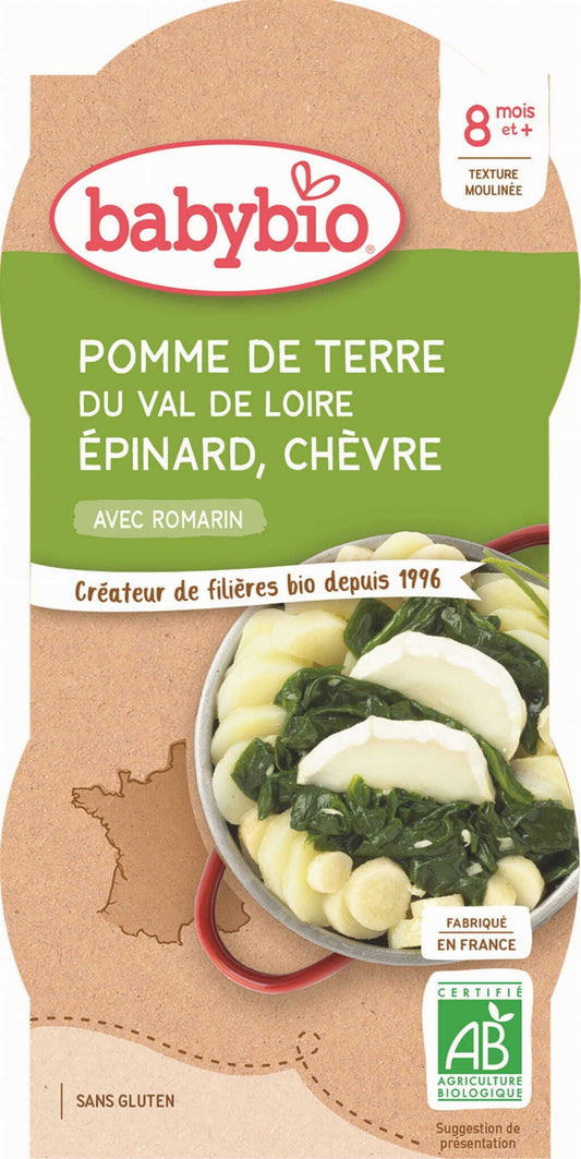 Babygericht mit Kartoffeln, Spinat und Ziegenkäse, glutenfrei, BIO, für ab 8 Monate, von BABYBIO, 2x200 g.