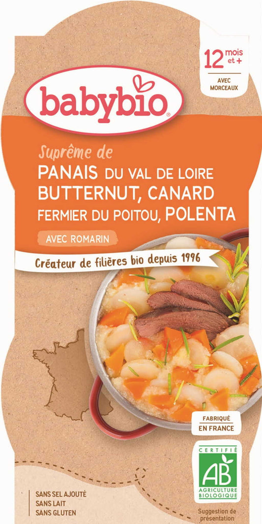 Baby-Ente mit Pastinaken, Butternusskürbis und Polenta, glutenfrei, BIO, ab 12 Monaten, 2x200 g von BABYBIO