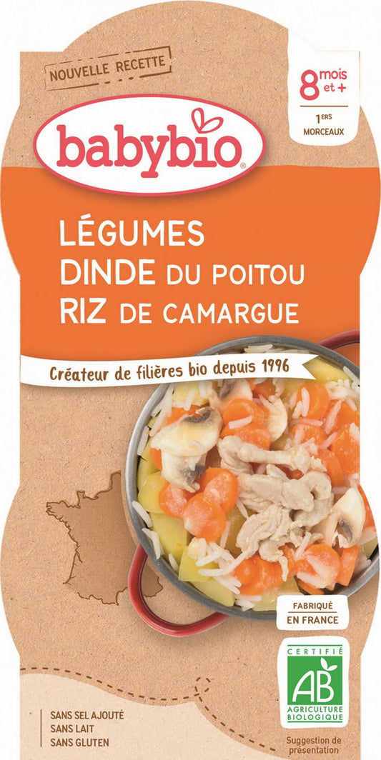 Bio Gemüsemischung mit Reis und Pute für Babys ab 8 Monaten, glutenfrei, von BABYBIO, 2x200 g, frisches Gericht