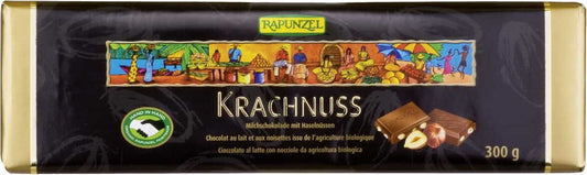 Bio Milchschokolade mit Haselnüssen von RAPUNZEL, 300 g, zeigt die cremige Schokolade mit sichtbaren Haselnüssen