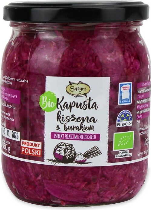 Bio Sauerkraut mit Rote Beete von SĄTYRZ, 450 g, in einem Glas mit roter Beete und Sauerkraut sichtbar.