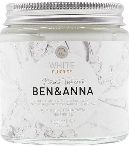 Aufhellende Zahnpasta mit Fluorid in 100 ml Tiegel von biogo, für strahlendes Lächeln und Zahngesundheit.