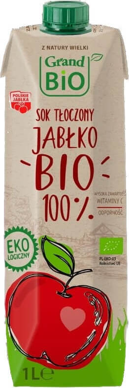 Gepresster Apfelsaft 100% NFC BIO von SOKPOL in 1000 ml Flasche, naturbelassener Bio-Apfelsaft, klar und frisch
