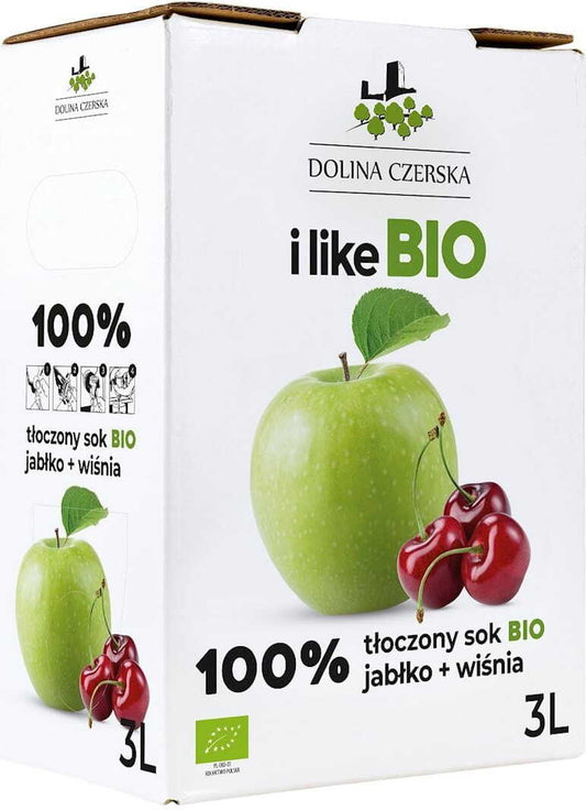 Apfel- und Kirschsaft NFC BIO von DOLINA CZERSKA, 3 Liter, naturbelassen, in einer Flasche auf einem Holzuntergrund.