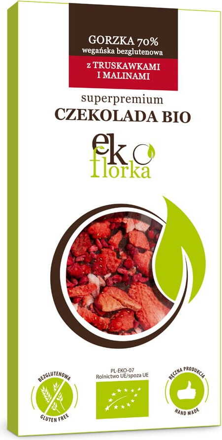Glutenfreie EKOFLORKA Premium-Zartbitterschokolade mit Erdbeeren und Himbeeren, BIO, 85 g, Nahaufnahme der Schokoladentafel