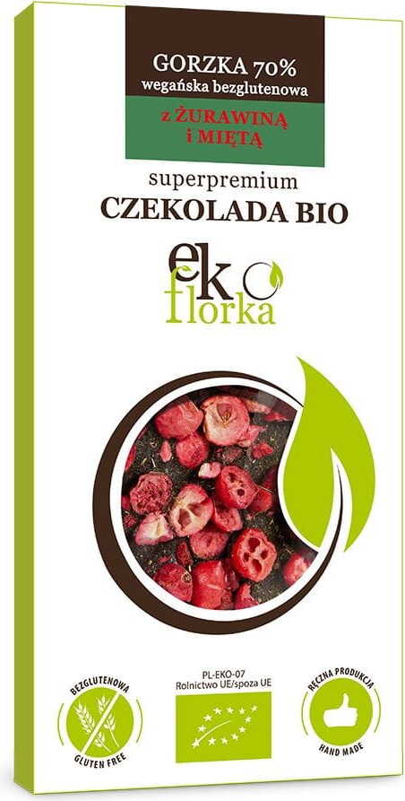 Bio glutenfreie EKOFLORKA Premium-Bitterschokolade mit Cranberry und Minze, verpackt in 85 g Verpackung