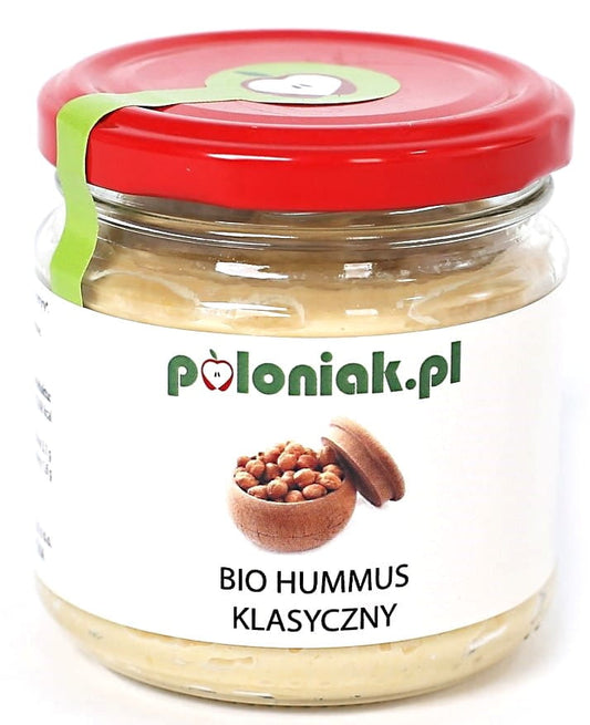 Klassischer Bio-Hummus von POLONIAK in 170 g Schüssel, cremige Textur, frischer Hummus mit Sesam und Gewürzen.