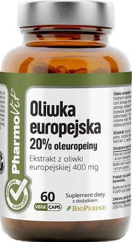 Europäisches Olivenöl in 60 Kapseln, PHARMOVIT, Flasche mit grüner Beschriftung und Olivenzweigen im Hintergrund