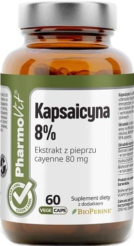 Capsaicin 8% Kapseln von PHARMOVIT, 60 Stück, 192 g, Vitamin Clean Label, offene Verpackung mit Kapseln sichtbar