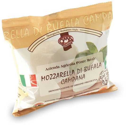 Büffelmozzarella BIO vom OMA, 125 g, cremige weiße Käsemasse in einem frischen Verpackungsbild.