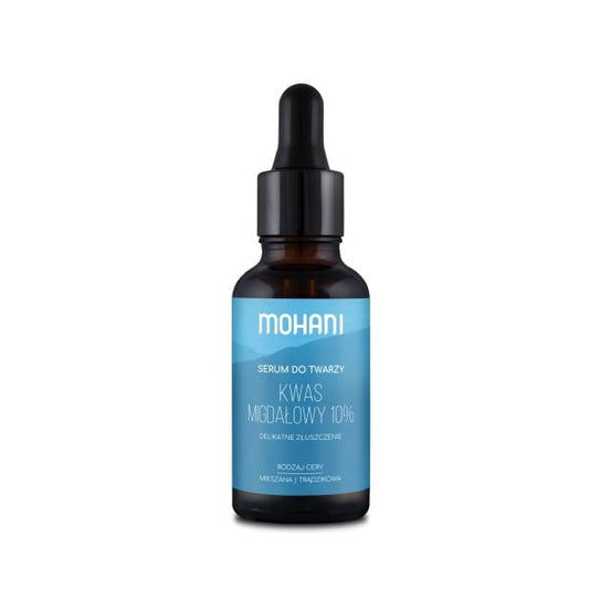 Gesichtsserum von biogo mit 10 % MOHANI-Mandelsäure, glättende Hautpflege, Flasche mit Dosierung.