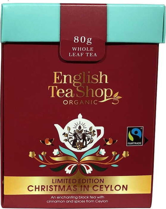 Ceylon Tee Weihnachtsedition von ENGLISH TEA SHOP, 20 Teebeutel à 4 g, weihnachtlich verpackt, dunkle Teeblätter im Beutel