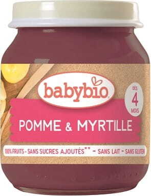 Baby-Glas mit Apfel-Heidelbeer-Dessert, glutenfrei, bio, für Babys ab 4 Monaten, 130 g, von BABYBIO