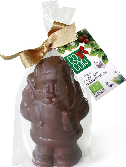 Bio Mandel-Schoko-Weihnachtsmann von COCOA mit 52% Kakao, 75 g, aus Schokolade und Mandeln, festlich verziert und lecker.