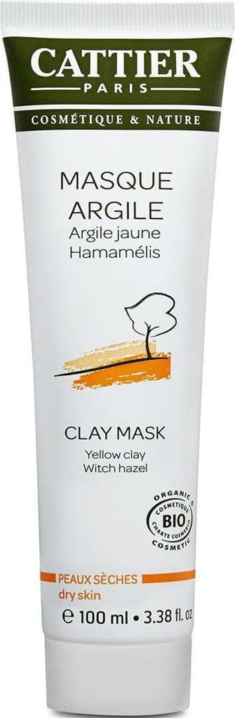 EKO Tonmaske mit trockener Haut von CATTIER, 100 ml, zeigt die mineralische Maske in einer weißen Schüssel auf einem Holztablett.