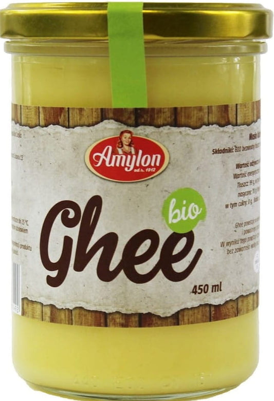 Bio Ghee Butterschmalz von AMYLON in 450 ml Glas, cremige Konsistenz, ideal zum Kochen und Braten.