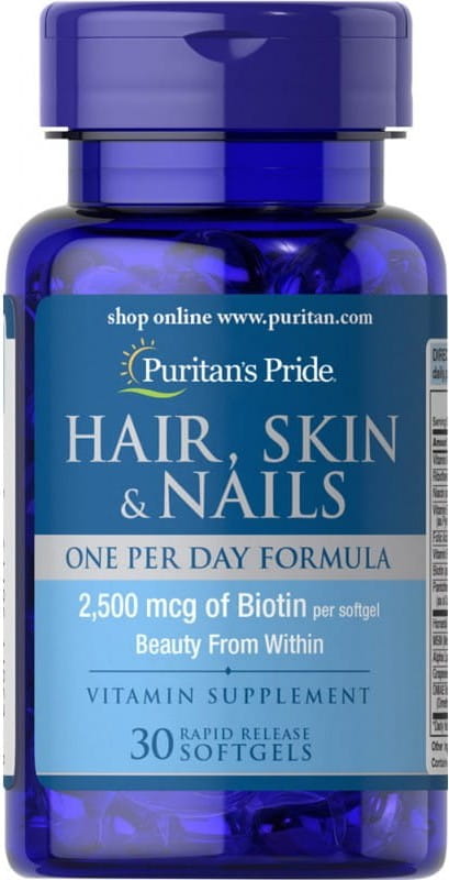 Haare Haut Nägel Nahrungsergänzungsmittel in 30 Kapseln von PURITAN'S PRIDE INC, zeigt die Kapseln in einer Packung