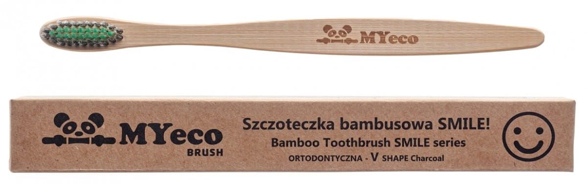 Zahnbürste Bambus kieferorthopädisch mit Aktivkohle grün - schwarz weich - MYECOBRUSH