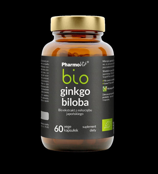 Biologischer Ginkgo-Biloba-Extrakt in 60 Kapseln von PHARMOVIT, Nahaufnahme der Kapseln und Verpackung