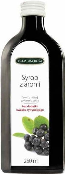 Aroniasirup in 250 ml Flasche von PREMIUM ROSA, dunkle Fruchtsirupflasche mit rotem Etikett auf weißem Hintergrund