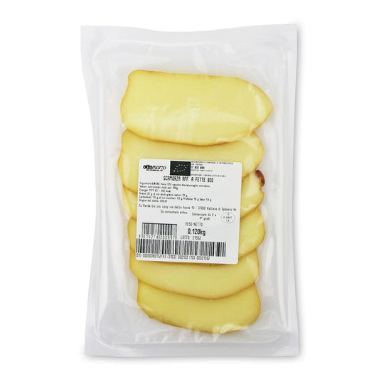 Geräucherter Scamorza-Käse in Scheiben von CA'VERDE, Bio, 120 g, frische Käse-Scheiben mit rauchigem Aroma.