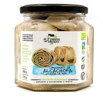 Artischockenherzen in glutenfreier Salzlake von A2 PASOS DEL CAMPO, BIO-Qualität, 290 g, in einer weißen Dose.