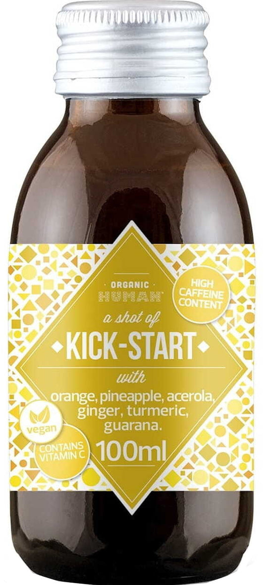 Bio Fruchtshot Orange mit Apfel, Ananas und Guarana, 100 ml, von ORGANIC HUMAN, zeigt die fruchtigen Zutaten in einer Flasche.