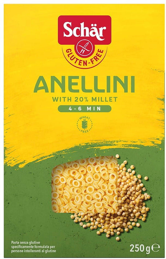 Glutenfreie Anellini Pasta von SCHAR, 250 g, mit kleinen, ringförmigen Nudeln aus glutenfreiem Getreide.
